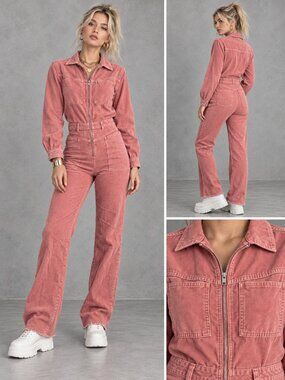 ba&sh DOVA Rose Pink Corduroy Zip Front Utility Jumpsuit 1 S US 4